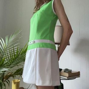 Vintage 60s neon green and white mod poly skort dress, back size M/L
